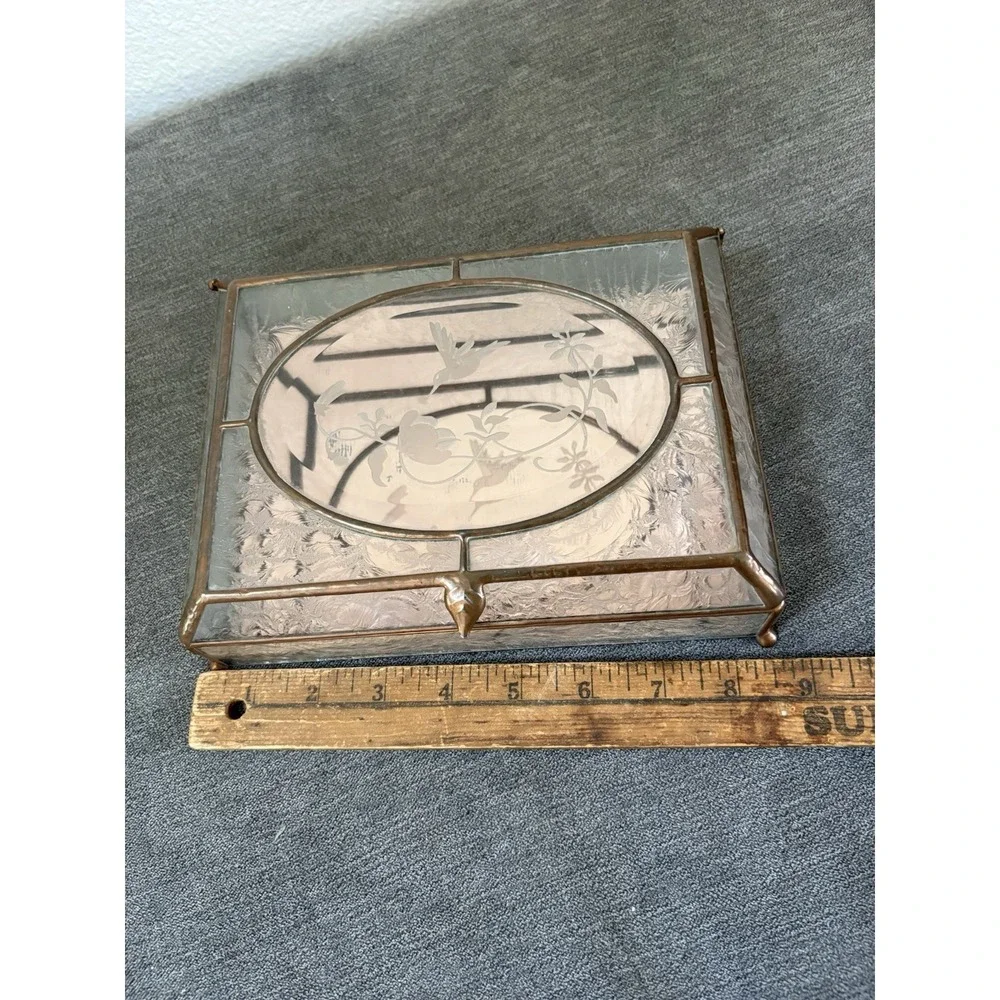 Vtg Etched Glass, Brass, Mirror Jewelry Box Footed w Flowers & Hummingbirds